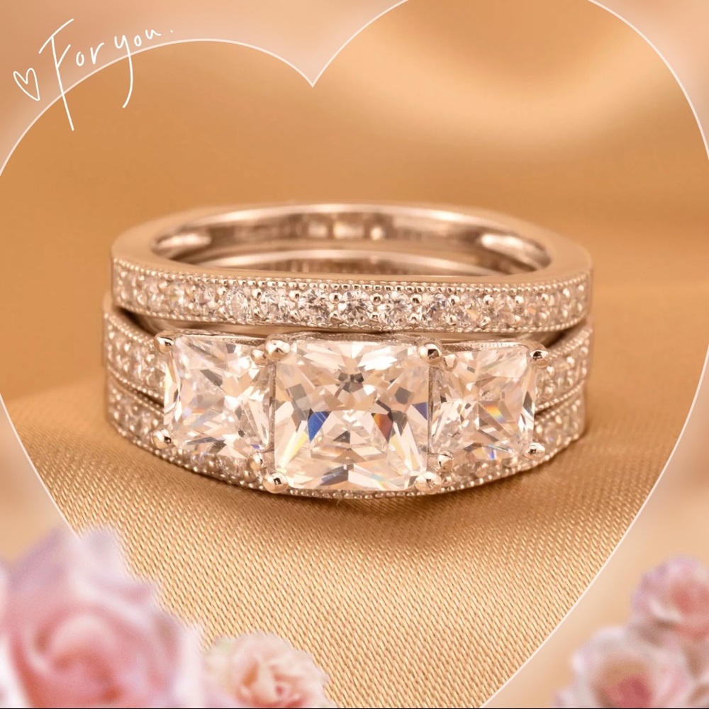 💍 Three stone’s engagement ring wedding band set wedding jewelry with gift box